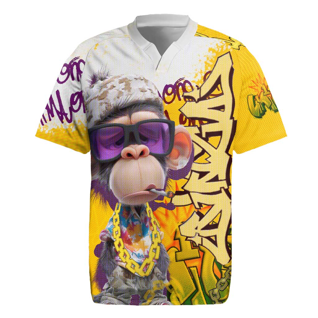Graffiti Monkey Rugby Jersey with Hip Hop Sunglasses and Gold Chain Design - Wonder Print Shop