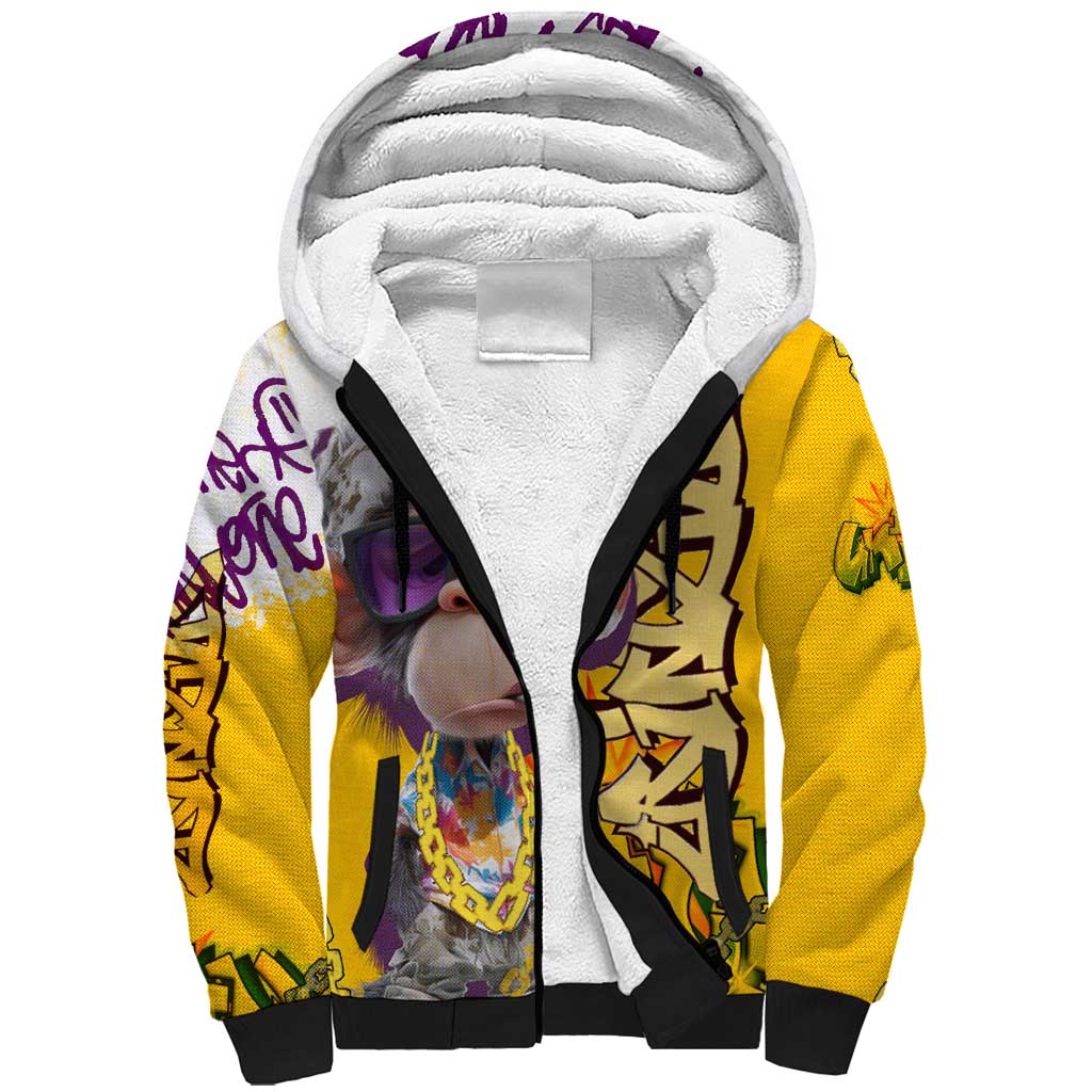 Graffiti Monkey Sherpa Hoodie with Hip Hop Sunglasses and Gold Chain Design - Wonder Print Shop