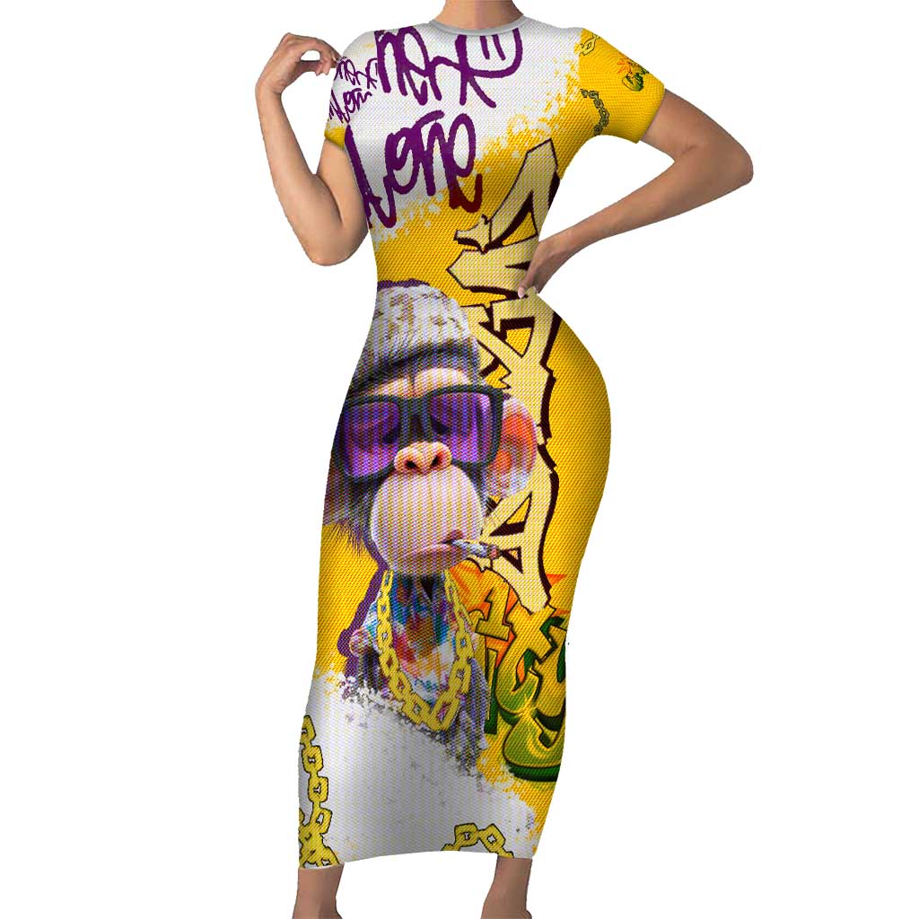 Graffiti Monkey Short Sleeve Bodycon Dress with Hip Hop Sunglasses and Gold Chain Design - Wonder Print Shop