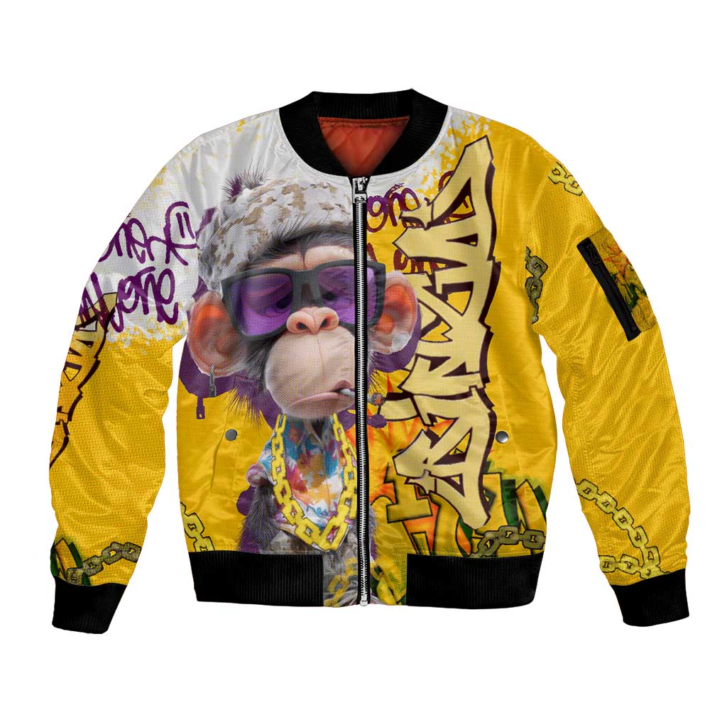 Graffiti Monkey Sleeve Zip Bomber Jacket with Hip Hop Sunglasses and Gold Chain Design - Wonder Print Shop
