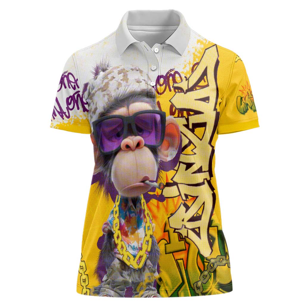 Graffiti Monkey Women Polo Shirt with Hip Hop Sunglasses and Gold Chain Design - Wonder Print Shop