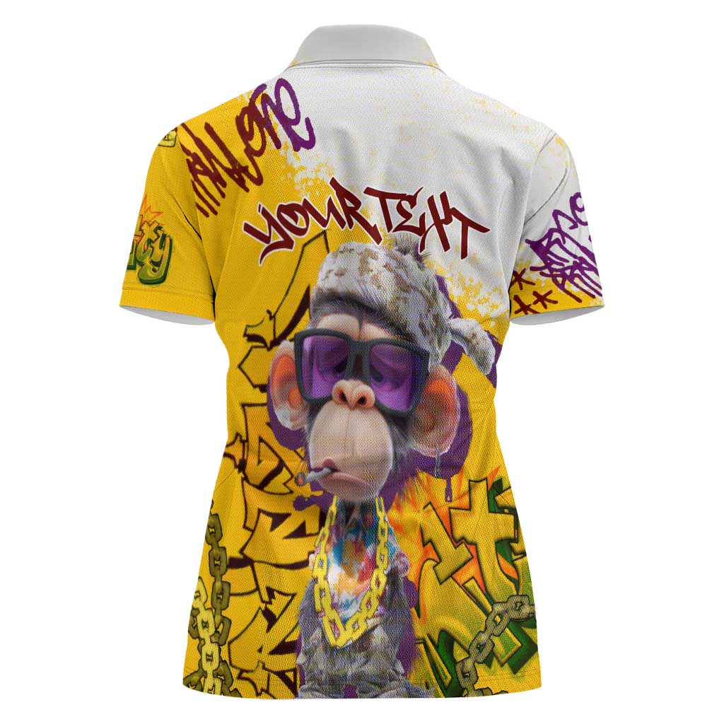 Graffiti Monkey Women Polo Shirt with Hip Hop Sunglasses and Gold Chain Design - Wonder Print Shop