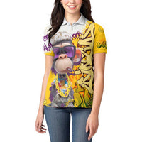 Graffiti Monkey Women Polo Shirt with Hip Hop Sunglasses and Gold Chain Design - Wonder Print Shop