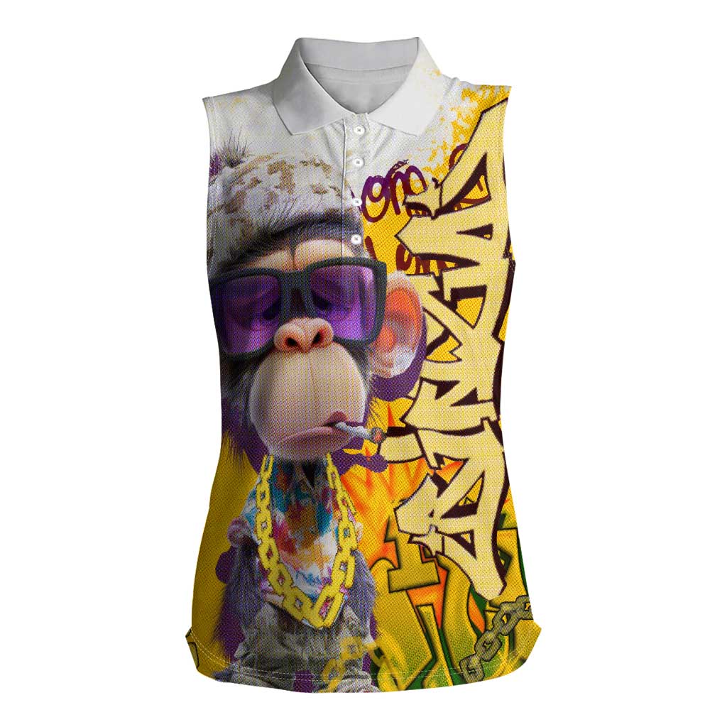 Graffiti Monkey Women Sleeveless Polo Shirt with Hip Hop Sunglasses and Gold Chain Design - Wonder Print Shop