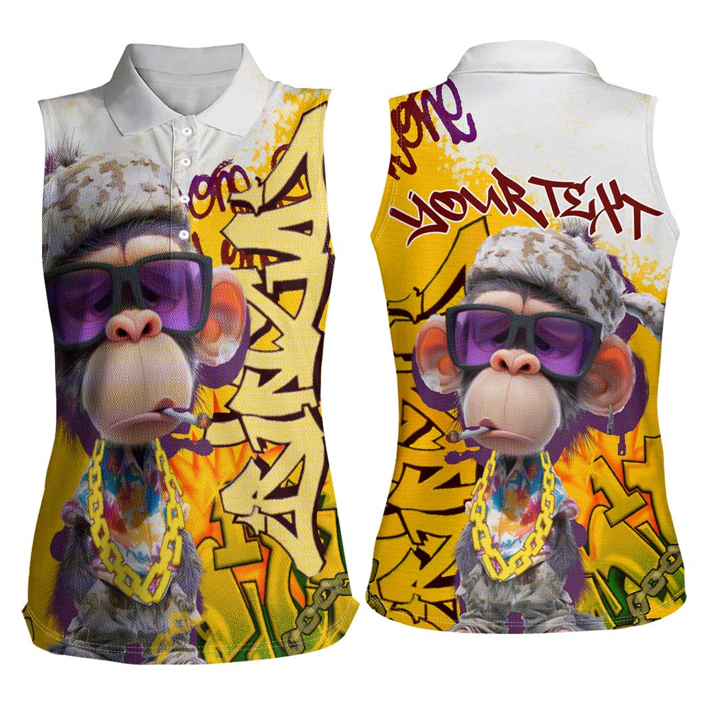 Graffiti Monkey Women Sleeveless Polo Shirt with Hip Hop Sunglasses and Gold Chain Design - Wonder Print Shop