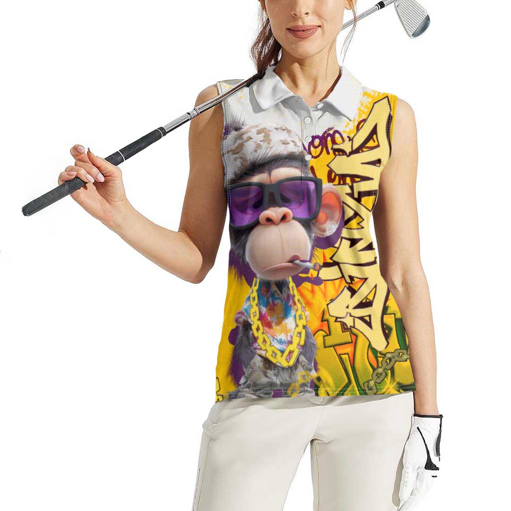 Graffiti Monkey Women Sleeveless Polo Shirt with Hip Hop Sunglasses and Gold Chain Design - Wonder Print Shop