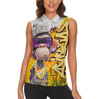 Graffiti Monkey Women Sleeveless Polo Shirt with Hip Hop Sunglasses and Gold Chain Design - Wonder Print Shop