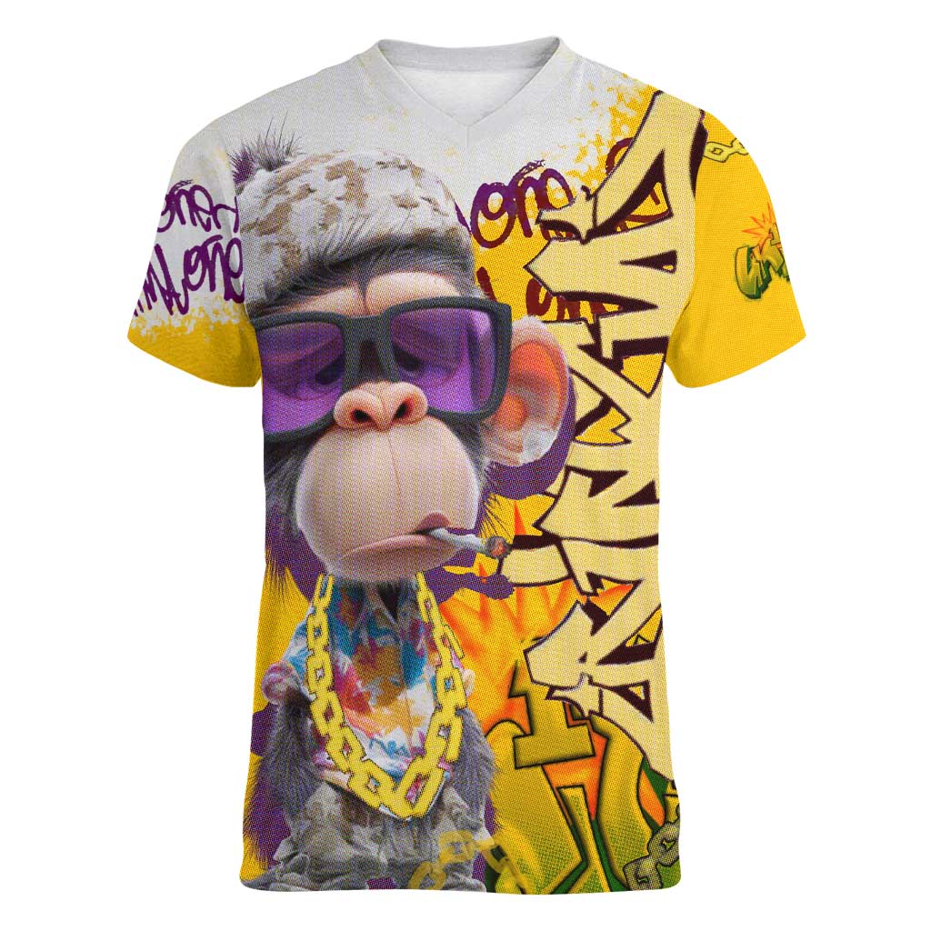Graffiti Monkey Women V-Neck T-Shirt with Hip Hop Sunglasses and Gold Chain Design - Wonder Print Shop