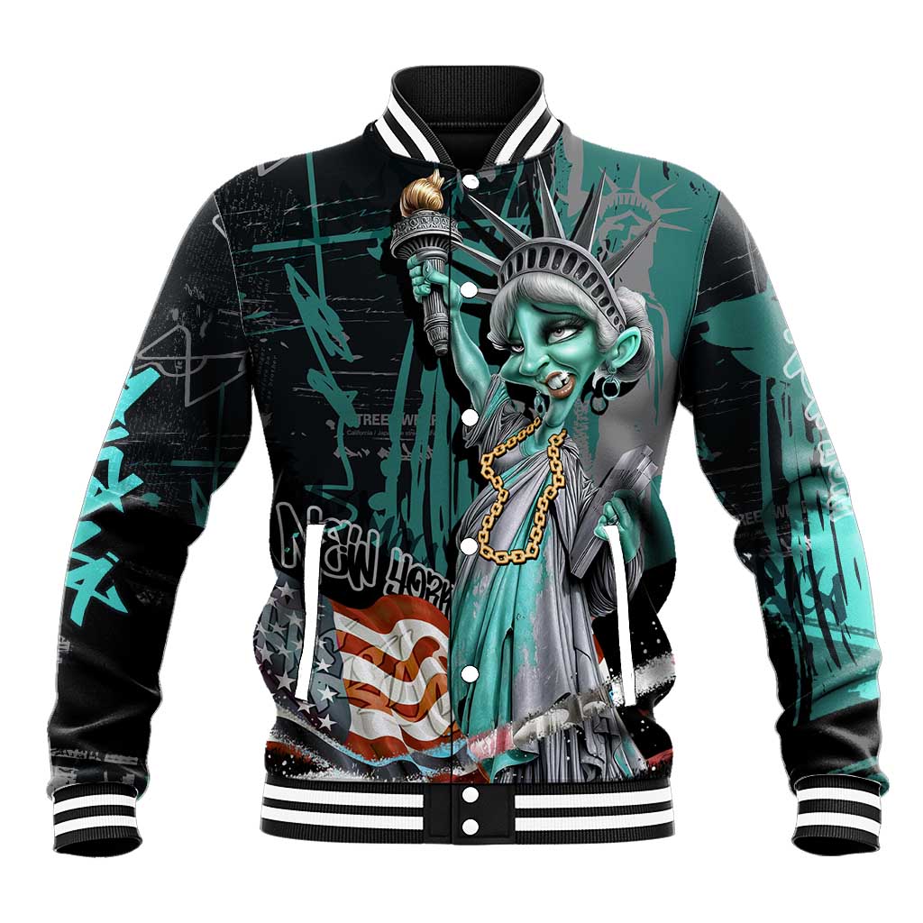 Street Art Liberty Baseball Jacket with Graffiti Print and Cartoon Statue of Liberty - Wonder Print Shop