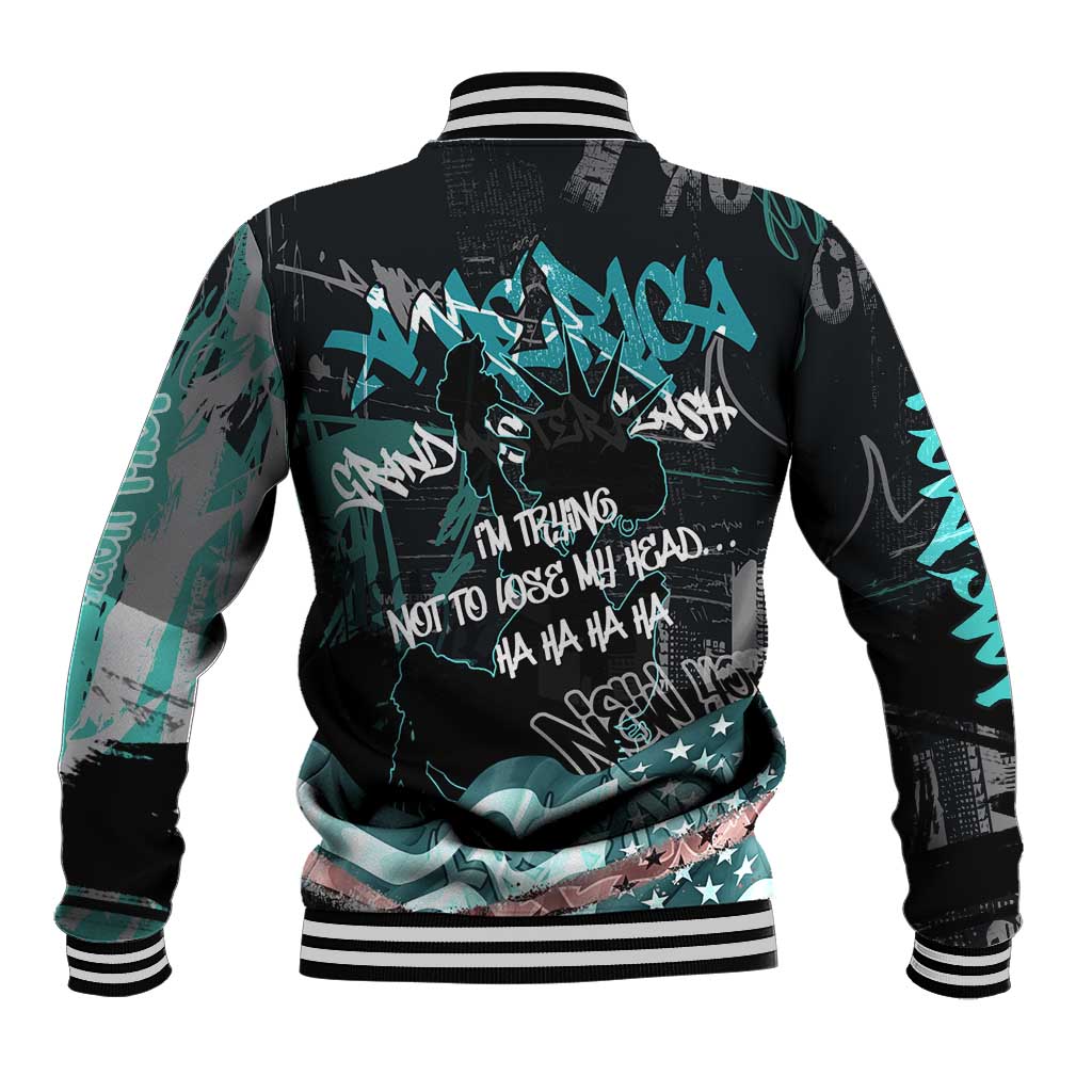 Street Art Liberty Baseball Jacket with Graffiti Print and Cartoon Statue of Liberty - Wonder Print Shop