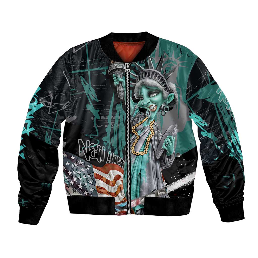 Street Art Liberty Bomber Jacket with Graffiti Print and Cartoon Statue of Liberty - Wonder Print Shop