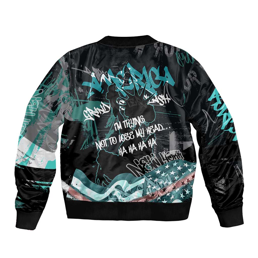 Street Art Liberty Bomber Jacket with Graffiti Print and Cartoon Statue of Liberty - Wonder Print Shop