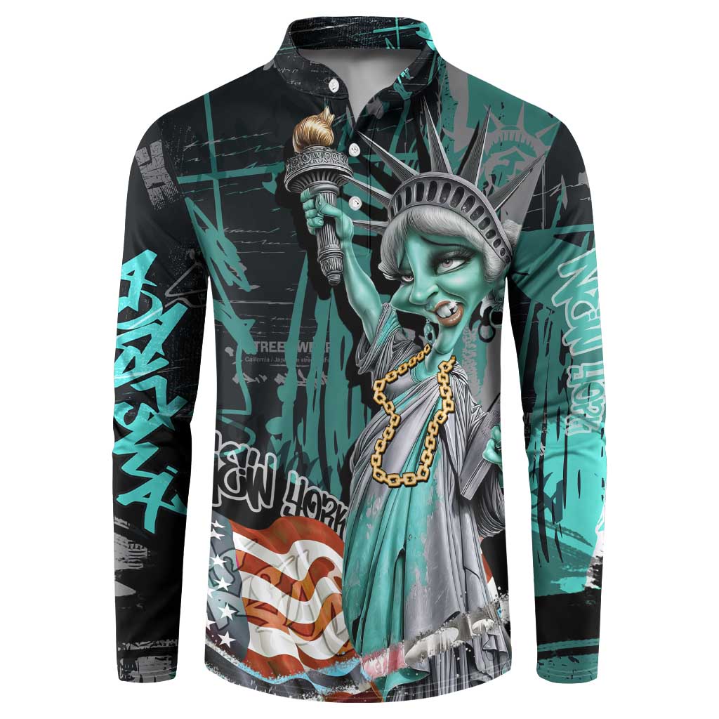 Street Art Liberty Button Sweatshirt with Graffiti Print and Cartoon Statue of Liberty - Wonder Print Shop