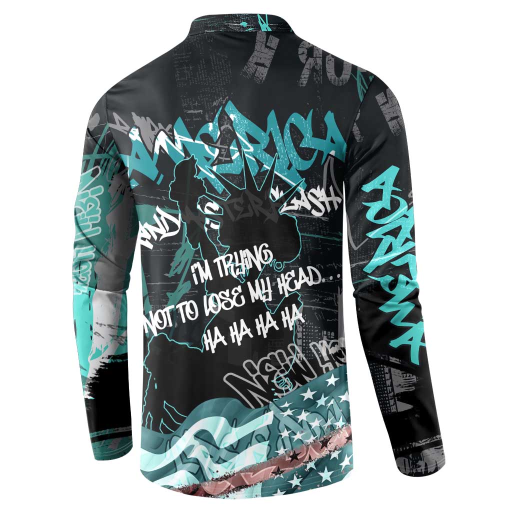 Street Art Liberty Button Sweatshirt with Graffiti Print and Cartoon Statue of Liberty - Wonder Print Shop