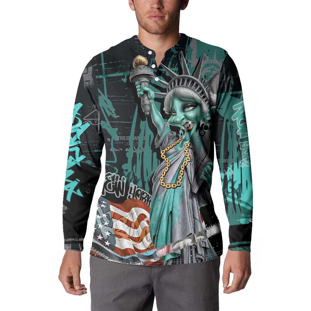 Street Art Liberty Button Sweatshirt with Graffiti Print and Cartoon Statue of Liberty - Wonder Print Shop