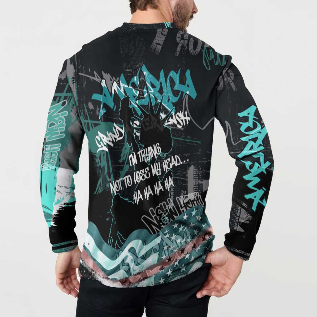 Street Art Liberty Button Sweatshirt with Graffiti Print and Cartoon Statue of Liberty - Wonder Print Shop