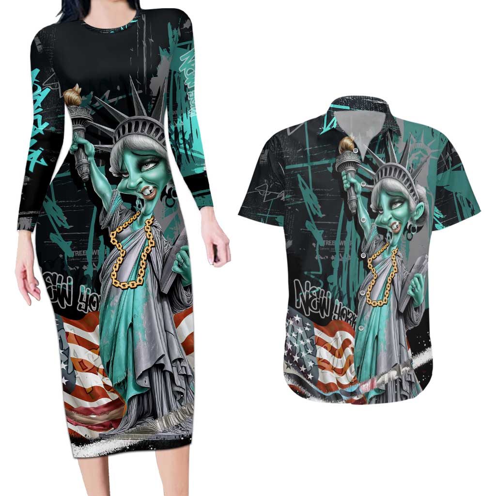 Street Art Liberty Couples Matching Long Sleeve Bodycon Dress and Hawaiian Shirt with Graffiti Print and Cartoon Statue of Liberty - Wonder Print Shop