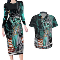 Street Art Liberty Couples Matching Long Sleeve Bodycon Dress and Hawaiian Shirt with Graffiti Print and Cartoon Statue of Liberty - Wonder Print Shop