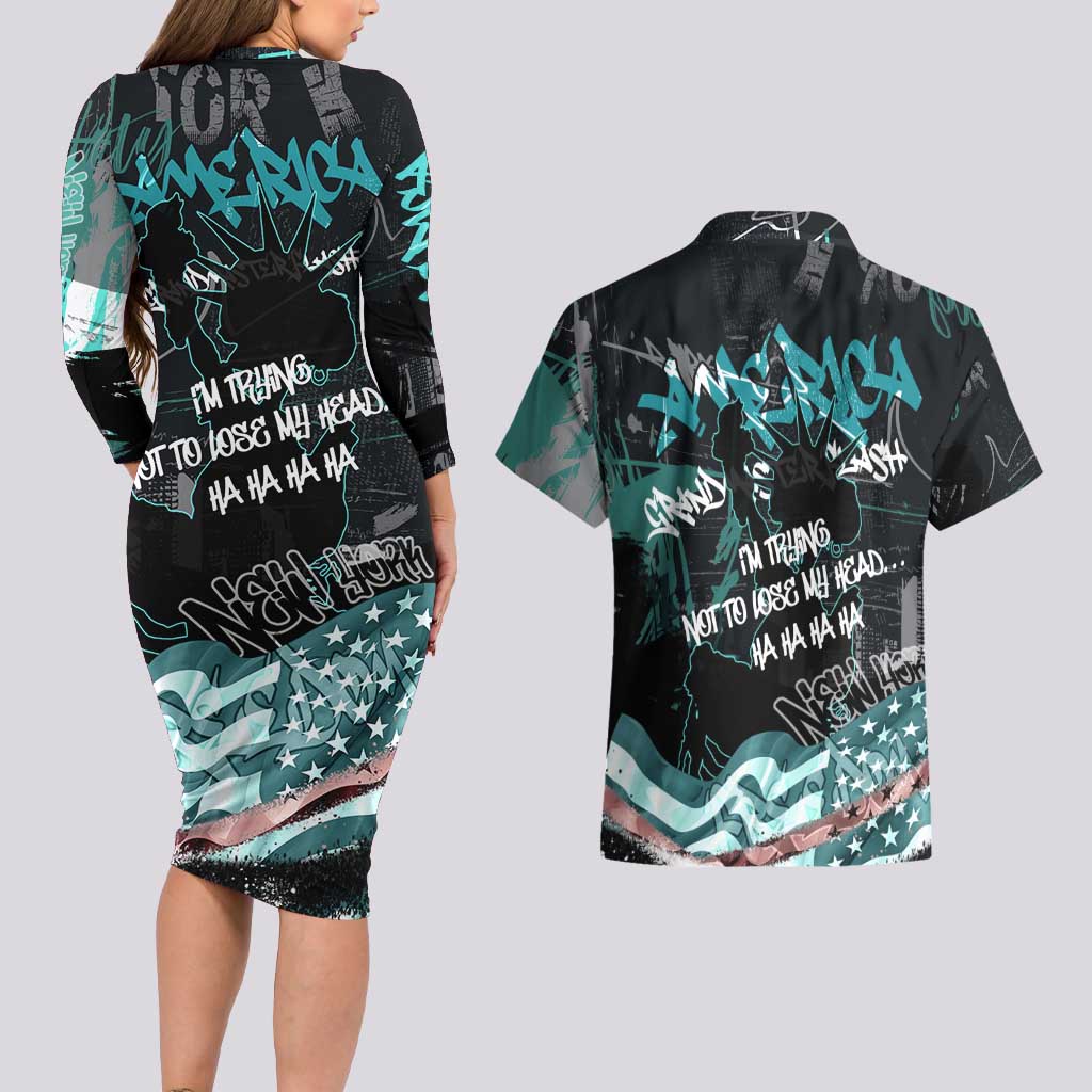 Street Art Liberty Couples Matching Long Sleeve Bodycon Dress and Hawaiian Shirt with Graffiti Print and Cartoon Statue of Liberty - Wonder Print Shop