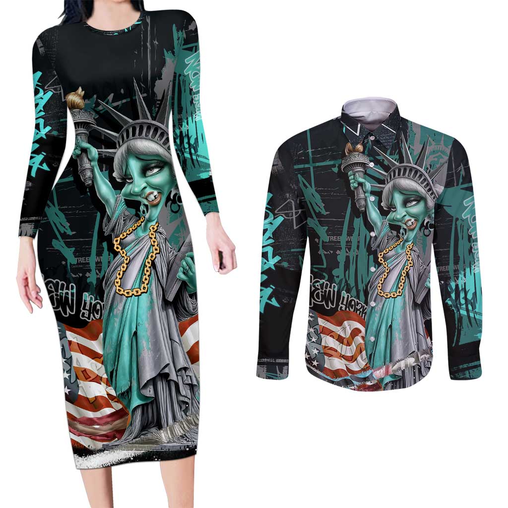Street Art Liberty Couples Matching Long Sleeve Bodycon Dress and Long Sleeve Button Shirt with Graffiti Print and Cartoon Statue of Liberty - Wonder Print Shop