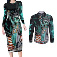 Street Art Liberty Couples Matching Long Sleeve Bodycon Dress and Long Sleeve Button Shirt with Graffiti Print and Cartoon Statue of Liberty - Wonder Print Shop
