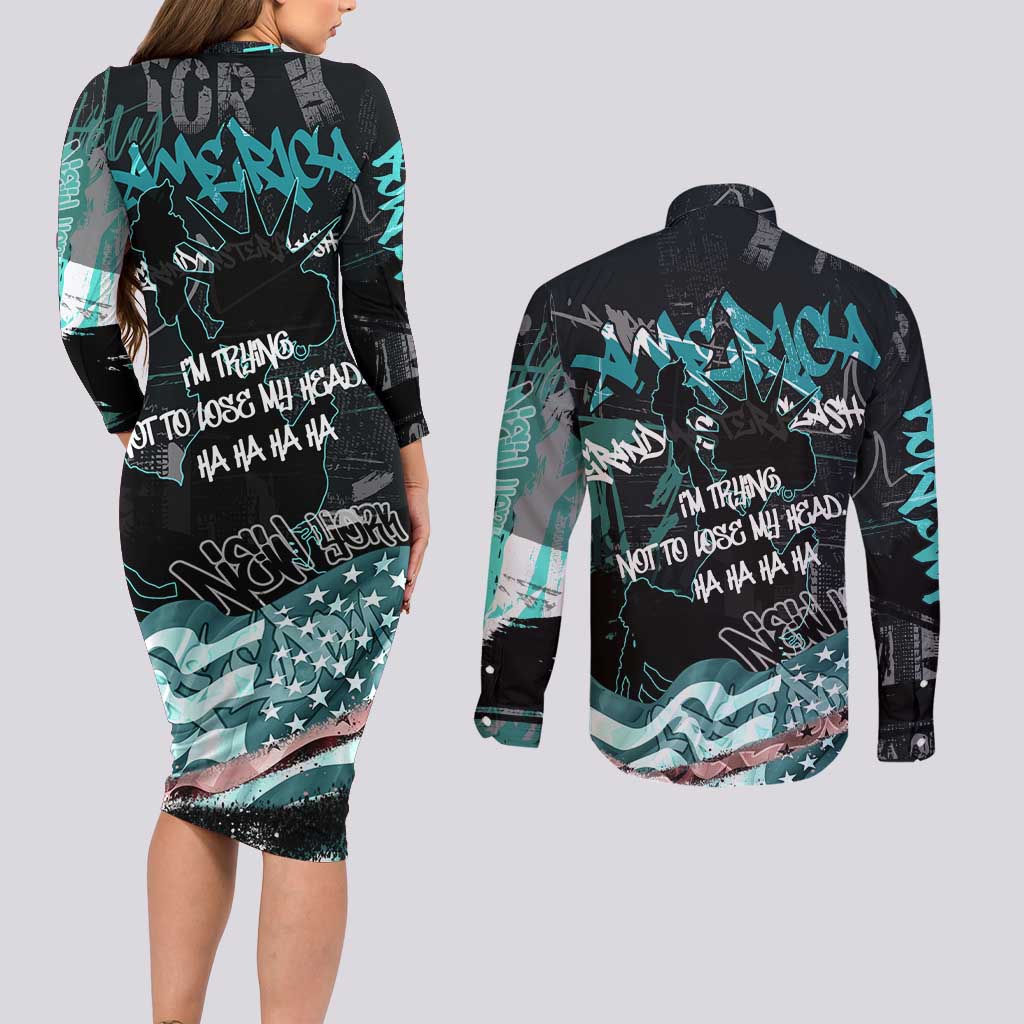 Street Art Liberty Couples Matching Long Sleeve Bodycon Dress and Long Sleeve Button Shirt with Graffiti Print and Cartoon Statue of Liberty - Wonder Print Shop