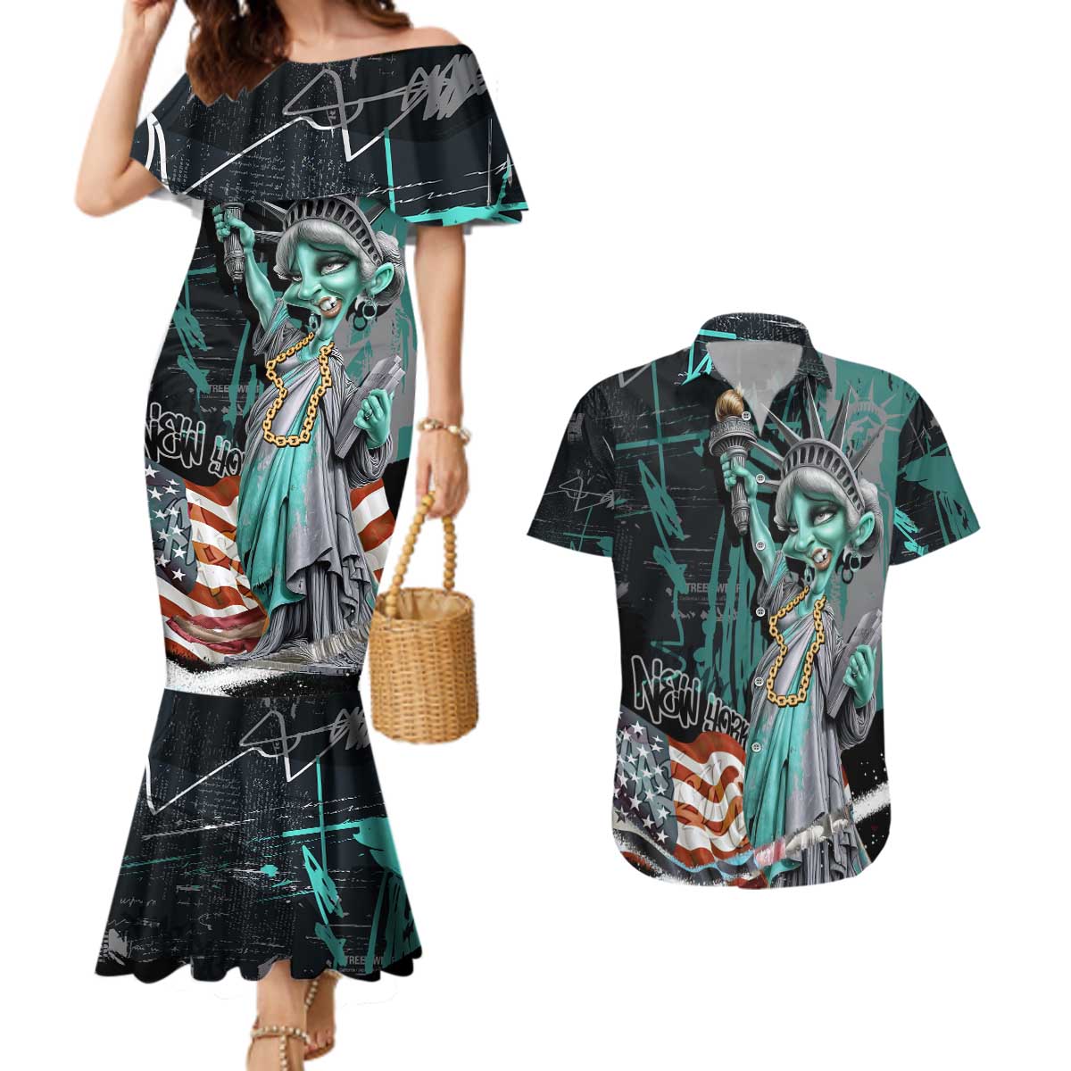 Street Art Liberty Couples Matching Mermaid Dress and Hawaiian Shirt with Graffiti Print and Cartoon Statue of Liberty - Wonder Print Shop