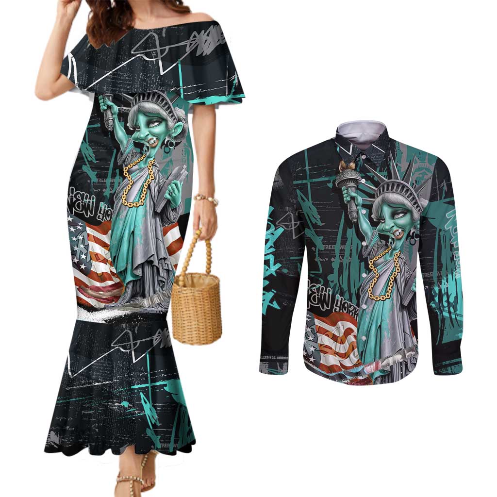 Street Art Liberty Couples Matching Mermaid Dress and Long Sleeve Button Shirt with Graffiti Print and Cartoon Statue of Liberty - Wonder Print Shop