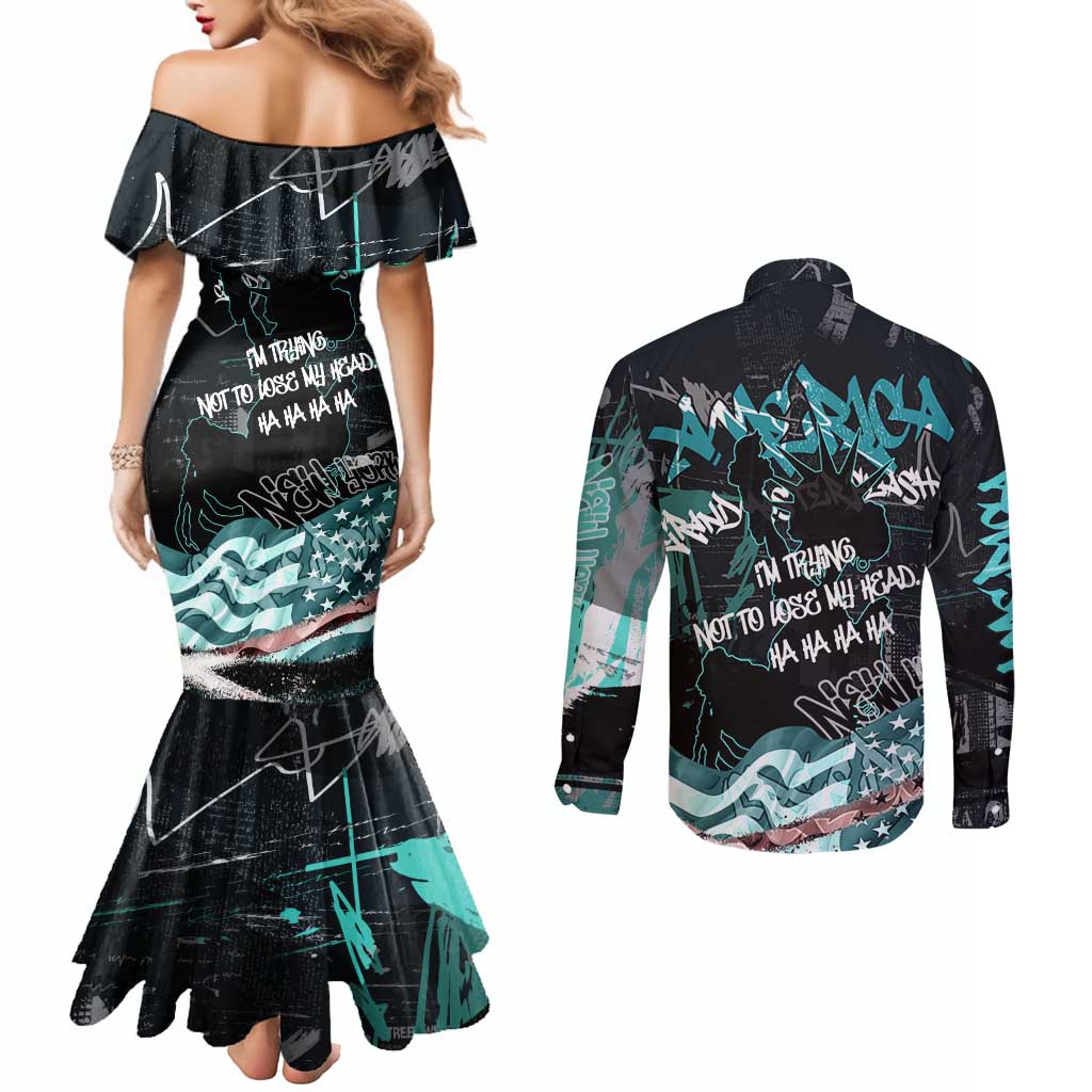 Street Art Liberty Couples Matching Mermaid Dress and Long Sleeve Button Shirt with Graffiti Print and Cartoon Statue of Liberty - Wonder Print Shop
