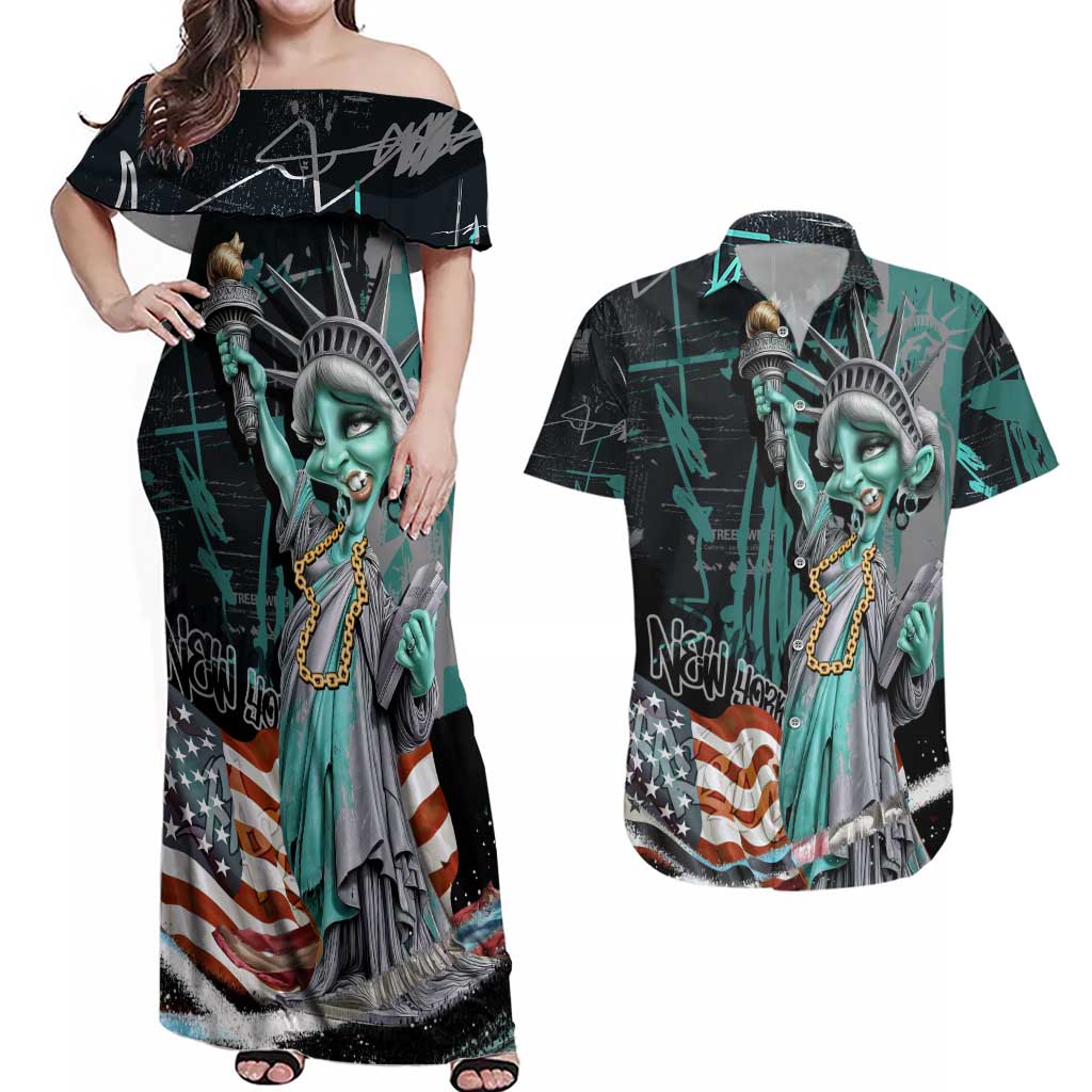 Street Art Liberty Couples Matching Off Shoulder Maxi Dress and Hawaiian Shirt with Graffiti Print and Cartoon Statue of Liberty - Wonder Print Shop