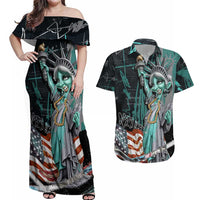 Street Art Liberty Couples Matching Off Shoulder Maxi Dress and Hawaiian Shirt with Graffiti Print and Cartoon Statue of Liberty - Wonder Print Shop