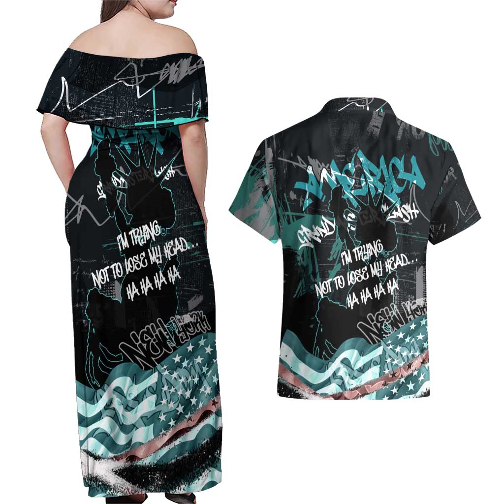 Street Art Liberty Couples Matching Off Shoulder Maxi Dress and Hawaiian Shirt with Graffiti Print and Cartoon Statue of Liberty - Wonder Print Shop