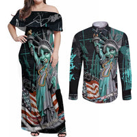 Street Art Liberty Couples Matching Off Shoulder Maxi Dress and Long Sleeve Button Shirt with Graffiti Print and Cartoon Statue of Liberty - Wonder Print Shop