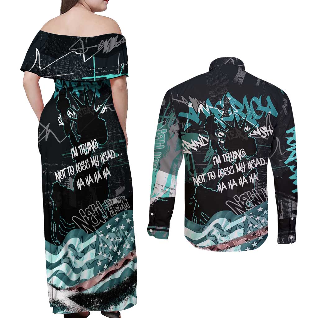 Street Art Liberty Couples Matching Off Shoulder Maxi Dress and Long Sleeve Button Shirt with Graffiti Print and Cartoon Statue of Liberty - Wonder Print Shop