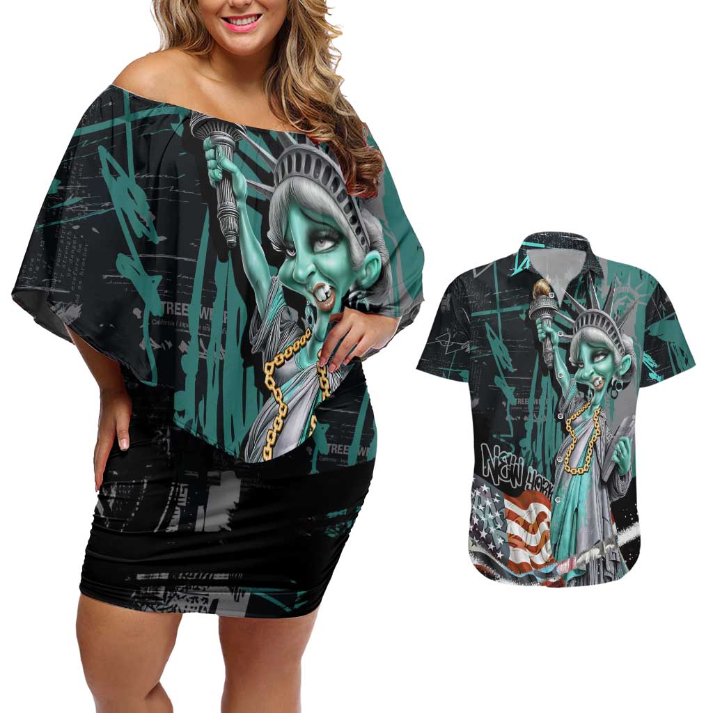 Street Art Liberty Couples Matching Off Shoulder Short Dress and Hawaiian Shirt with Graffiti Print and Cartoon Statue of Liberty - Wonder Print Shop