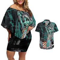 Street Art Liberty Couples Matching Off Shoulder Short Dress and Hawaiian Shirt with Graffiti Print and Cartoon Statue of Liberty - Wonder Print Shop
