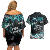 Street Art Liberty Couples Matching Off Shoulder Short Dress and Hawaiian Shirt with Graffiti Print and Cartoon Statue of Liberty - Wonder Print Shop