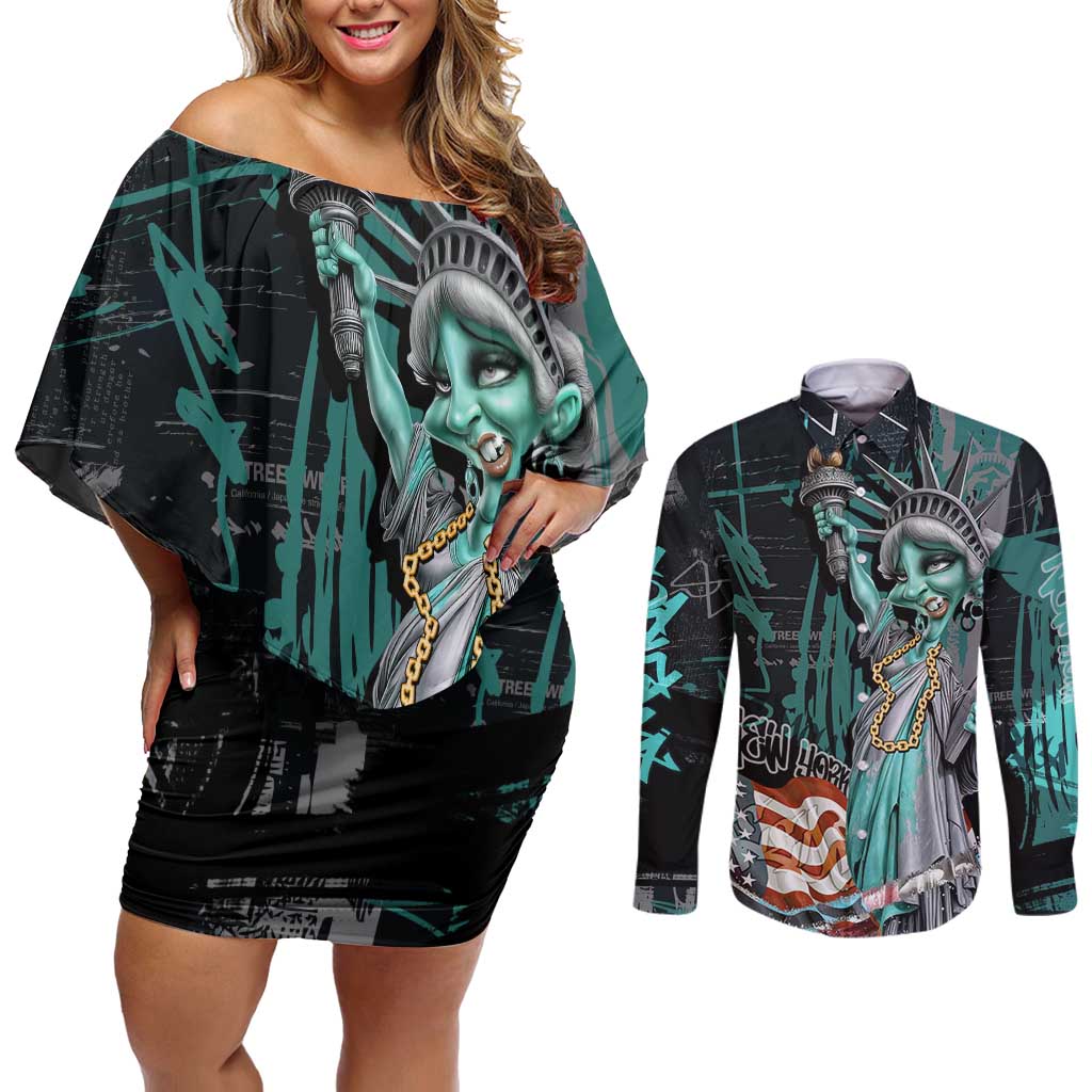 Street Art Liberty Couples Matching Off Shoulder Short Dress and Long Sleeve Button Shirt with Graffiti Print and Cartoon Statue of Liberty - Wonder Print Shop