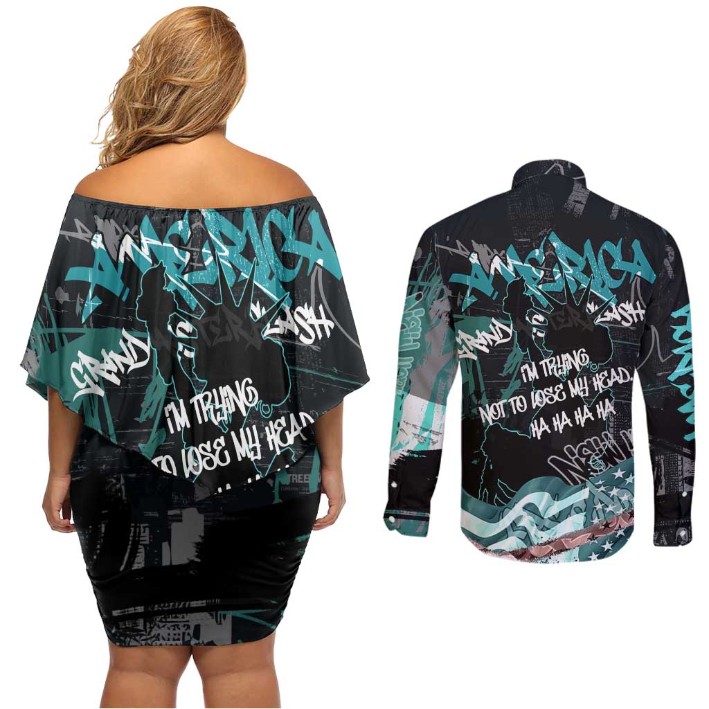 Street Art Liberty Couples Matching Off Shoulder Short Dress and Long Sleeve Button Shirt with Graffiti Print and Cartoon Statue of Liberty - Wonder Print Shop