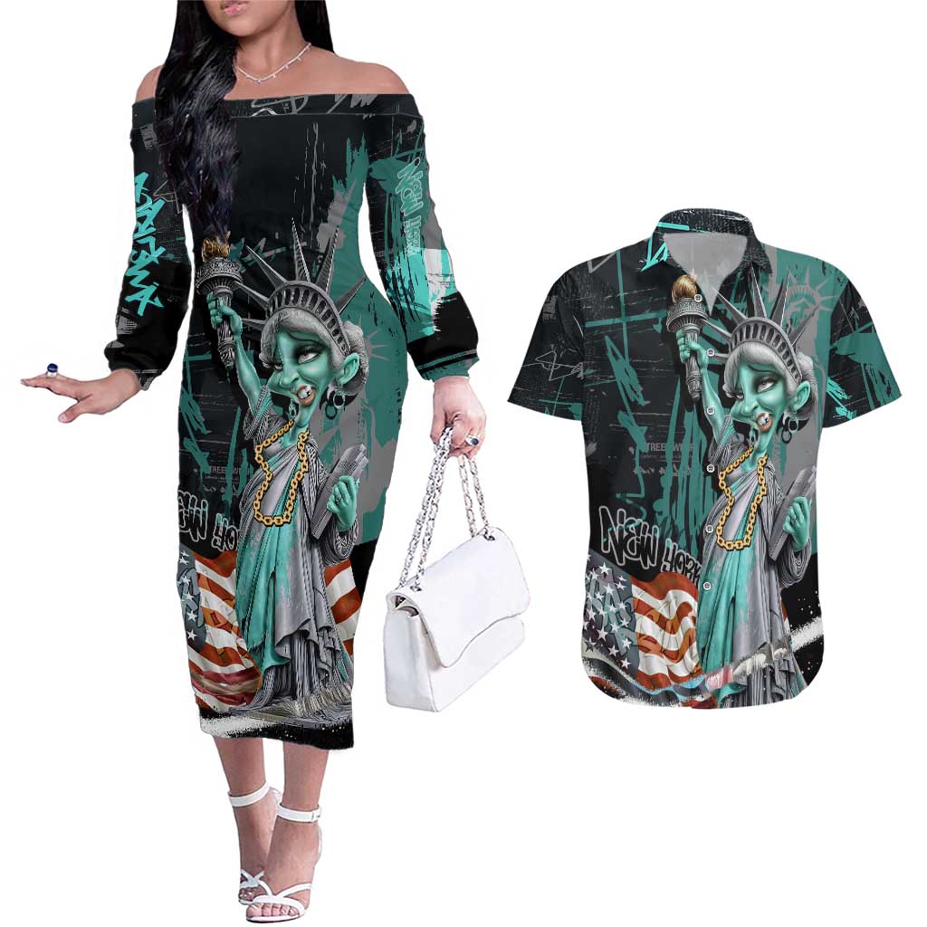 Street Art Liberty Couples Matching Off The Shoulder Long Sleeve Dress and Hawaiian Shirt with Graffiti Print and Cartoon Statue of Liberty - Wonder Print Shop