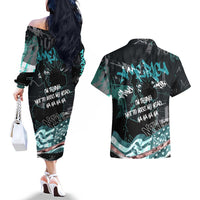 Street Art Liberty Couples Matching Off The Shoulder Long Sleeve Dress and Hawaiian Shirt with Graffiti Print and Cartoon Statue of Liberty - Wonder Print Shop