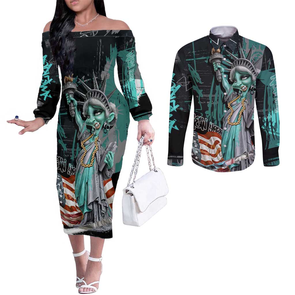 Street Art Liberty Couples Matching Off The Shoulder Long Sleeve Dress and Long Sleeve Button Shirt with Graffiti Print and Cartoon Statue of Liberty - Wonder Print Shop