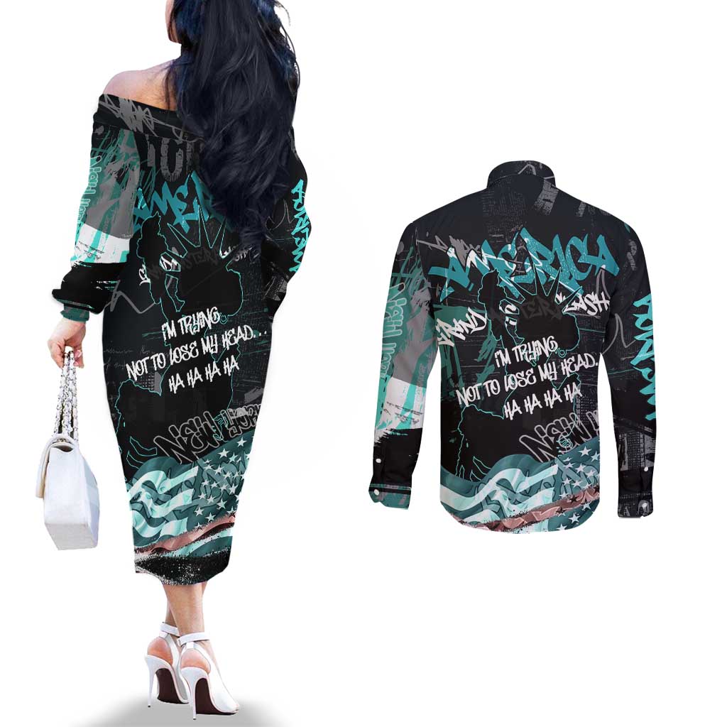 Street Art Liberty Couples Matching Off The Shoulder Long Sleeve Dress and Long Sleeve Button Shirt with Graffiti Print and Cartoon Statue of Liberty - Wonder Print Shop