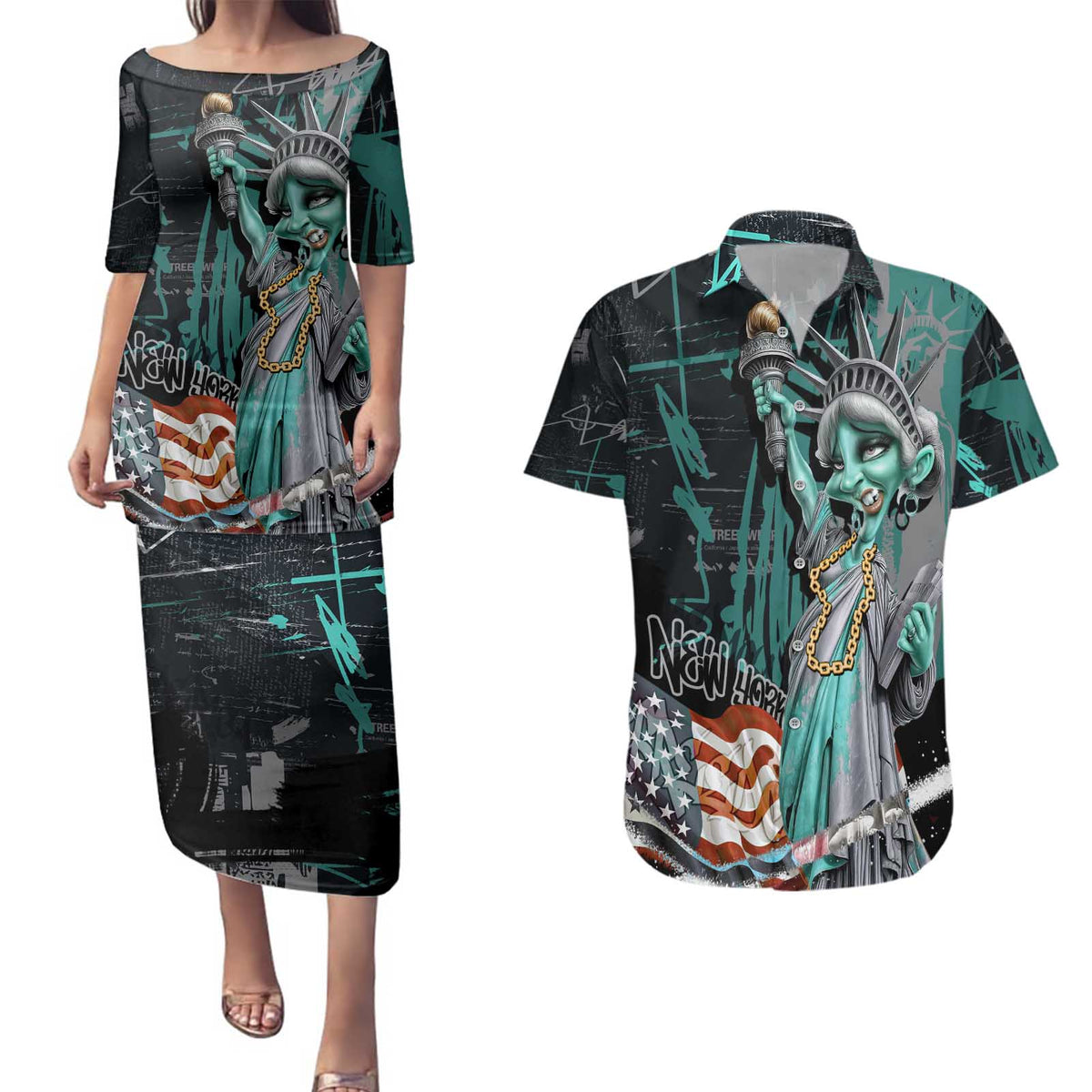 Street Art Liberty Couples Matching Puletasi and Hawaiian Shirt with Graffiti Print and Cartoon Statue of Liberty - Wonder Print Shop