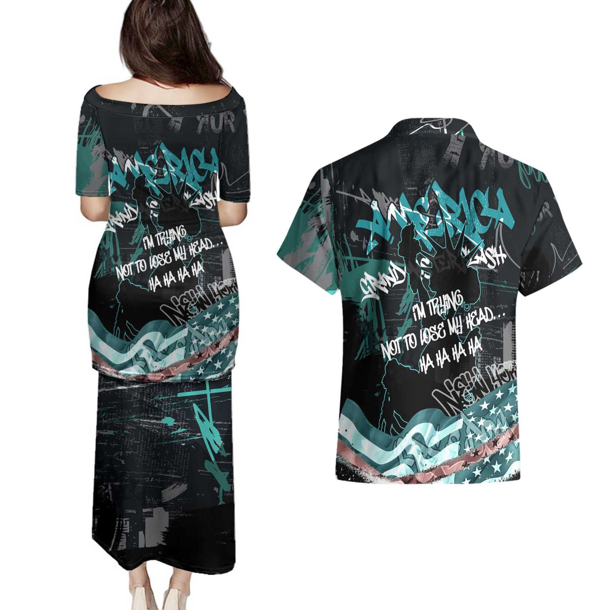 Street Art Liberty Couples Matching Puletasi and Hawaiian Shirt with Graffiti Print and Cartoon Statue of Liberty - Wonder Print Shop