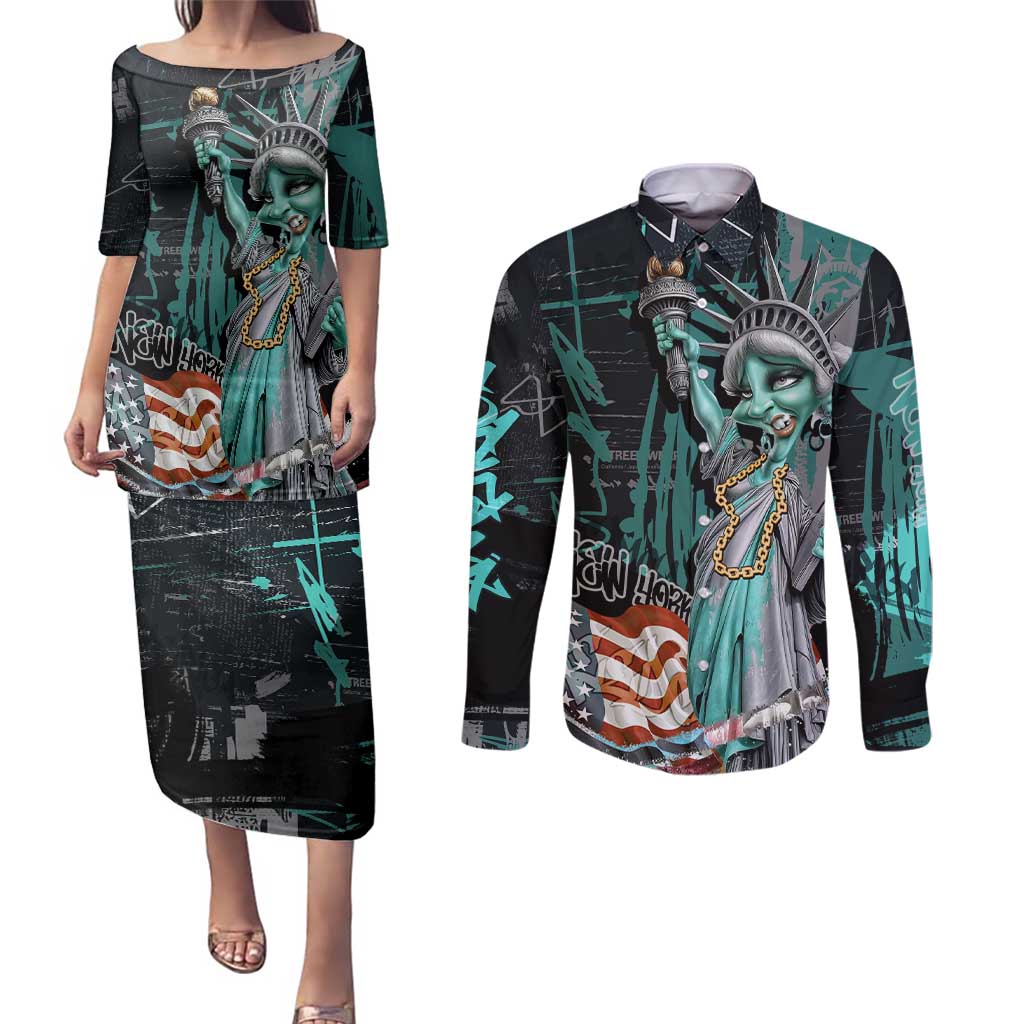 Street Art Liberty Couples Matching Puletasi and Long Sleeve Button Shirt with Graffiti Print and Cartoon Statue of Liberty - Wonder Print Shop