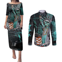 Street Art Liberty Couples Matching Puletasi and Long Sleeve Button Shirt with Graffiti Print and Cartoon Statue of Liberty - Wonder Print Shop