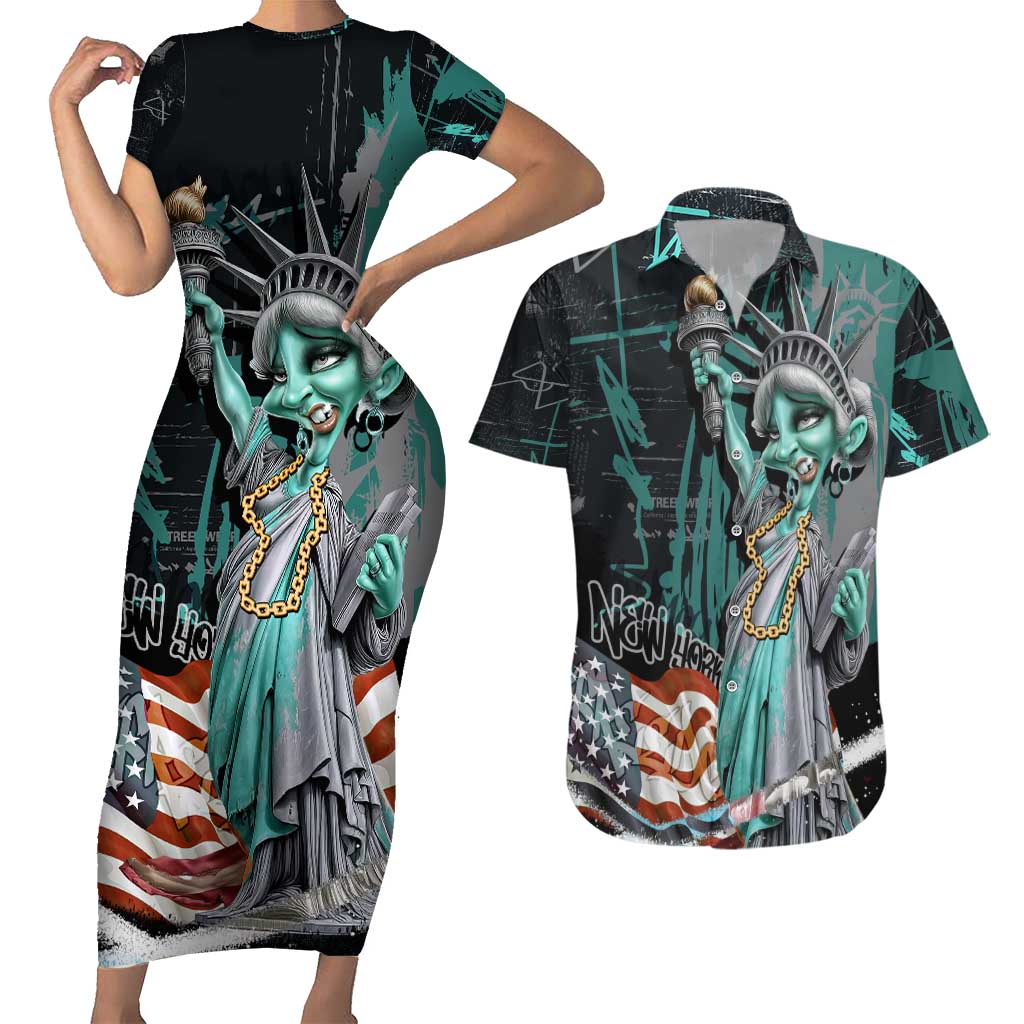 Street Art Liberty Couples Matching Short Sleeve Bodycon Dress and Hawaiian Shirt with Graffiti Print and Cartoon Statue of Liberty - Wonder Print Shop