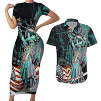 Street Art Liberty Couples Matching Short Sleeve Bodycon Dress and Hawaiian Shirt with Graffiti Print and Cartoon Statue of Liberty - Wonder Print Shop