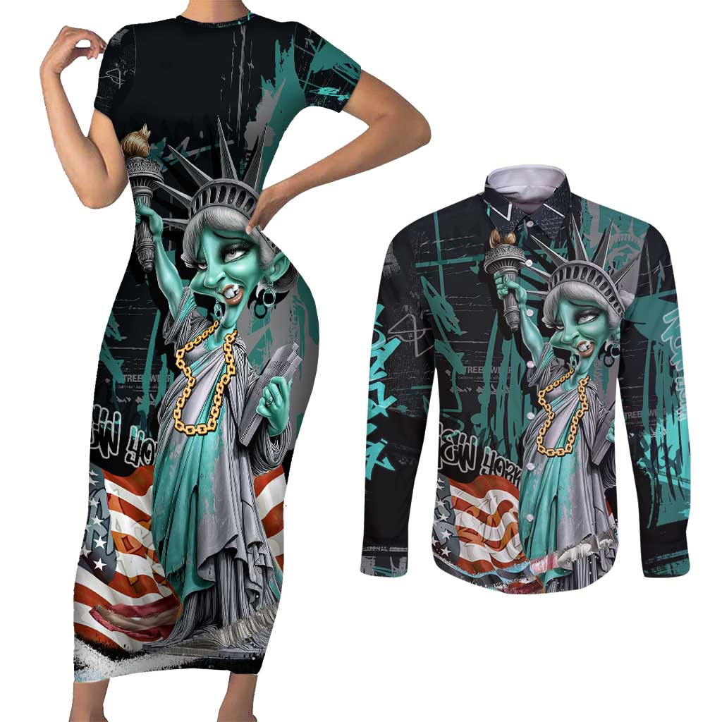 Street Art Liberty Couples Matching Short Sleeve Bodycon Dress and Long Sleeve Button Shirt with Graffiti Print and Cartoon Statue of Liberty - Wonder Print Shop